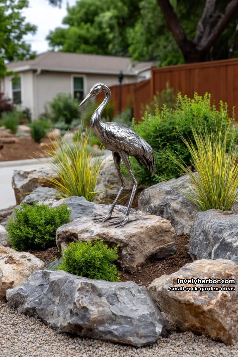 shrubs and ornamental grasses among large rocks with crane sculpture. 1