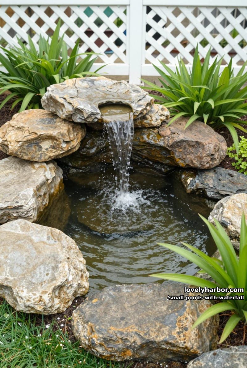 simple stone waterfall pond with lush plants and white lattice fence. 1
