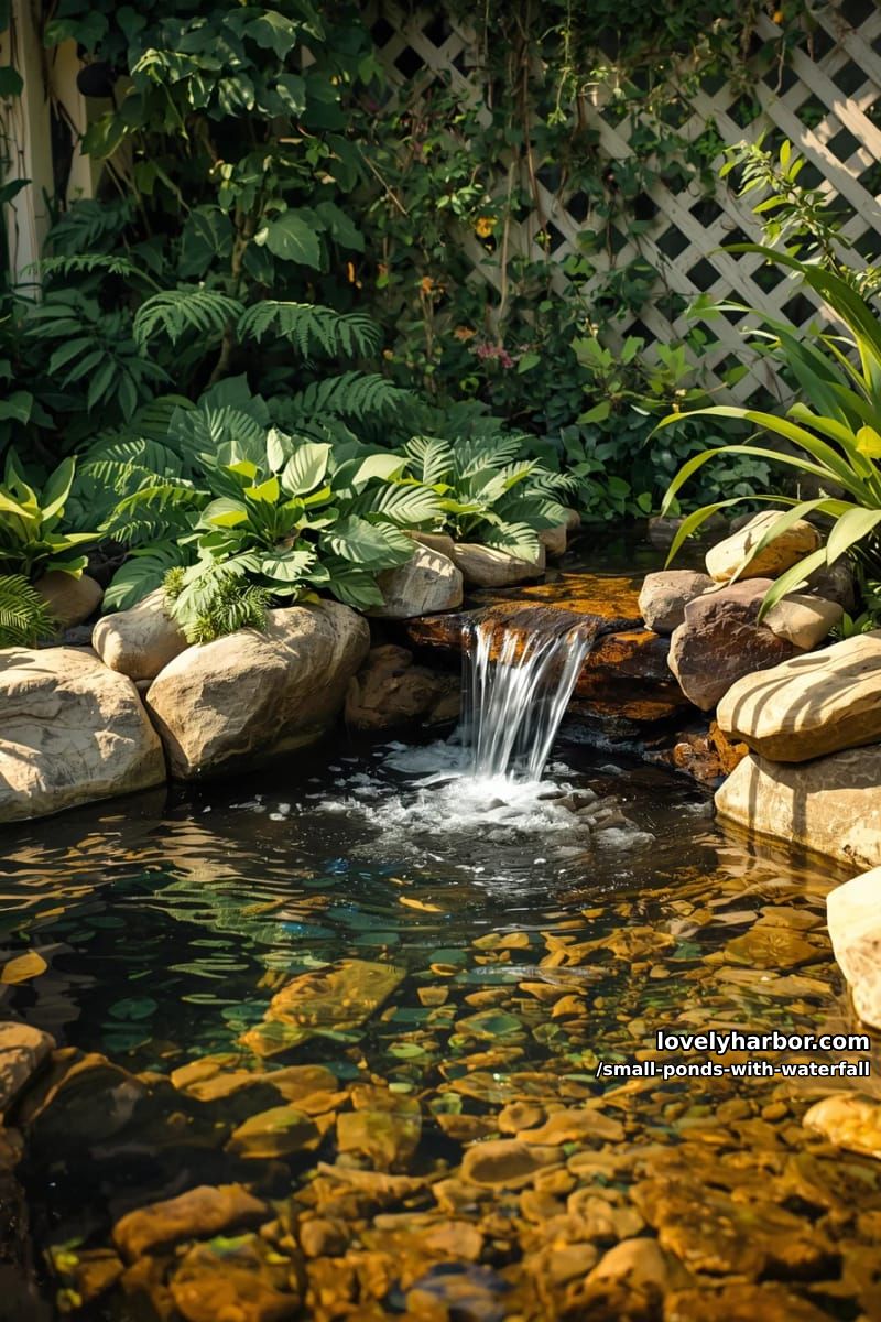 simple stone waterfall pond with lush plants and white lattice fence. 1