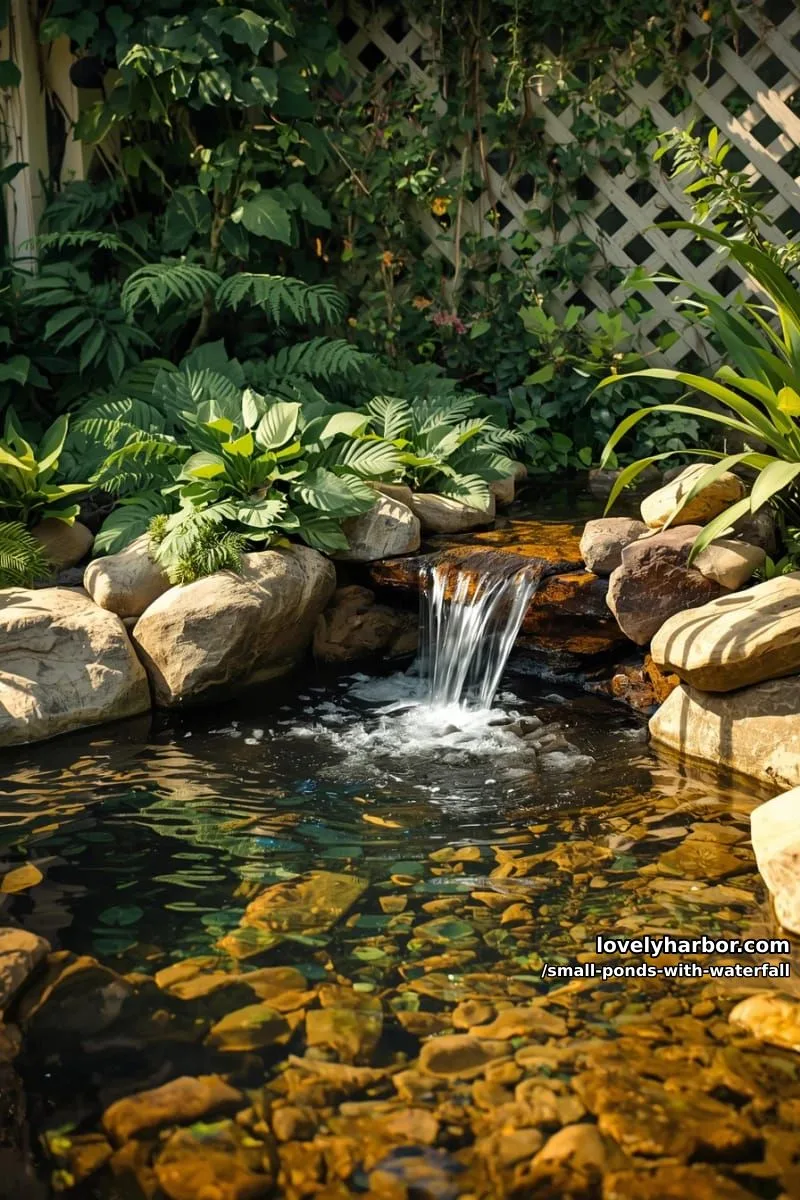 20 Small Ponds With Waterfall Designs For A Relaxing Outdoor Space 8 simple stone waterfall pond with lush plants and white lattice fence. 1