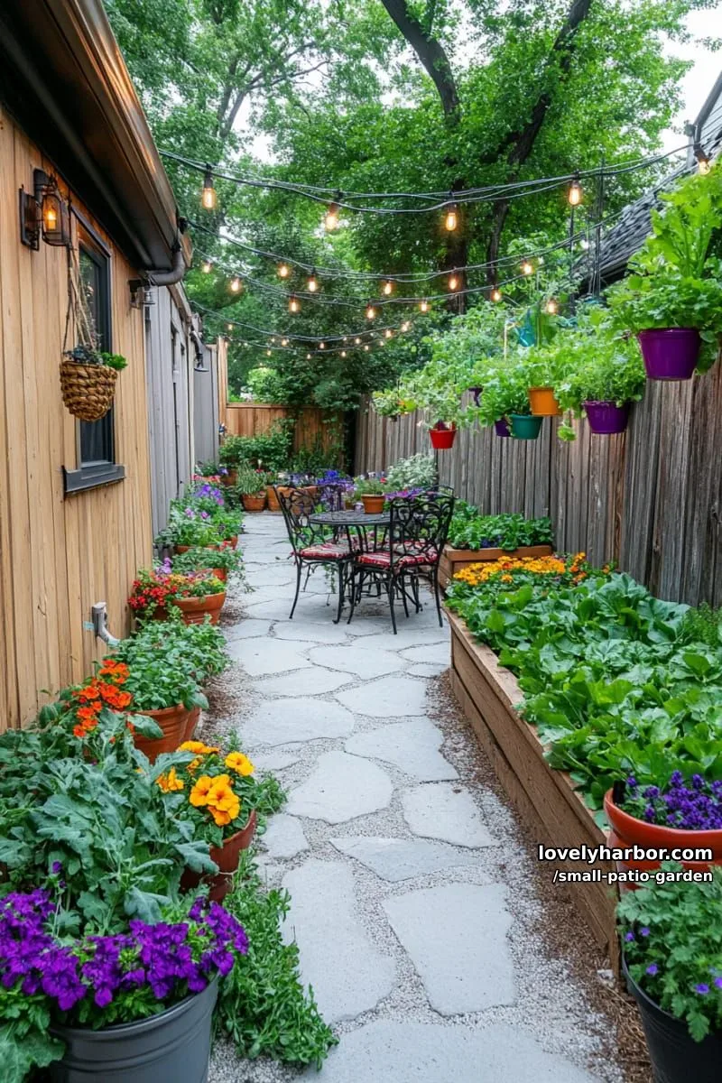 small backyard with raised vegetable beds, stone paths, and potted flowers. 1