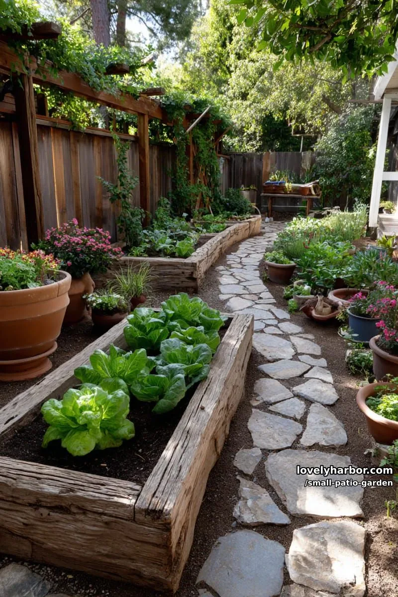small backyard with raised vegetable beds, stone paths, and potted flowers. 1