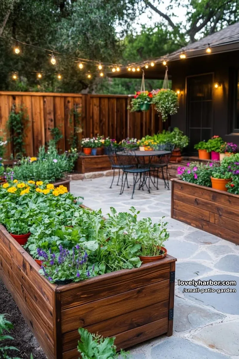 small backyard with raised vegetable beds, stone paths, and potted flowers. 1