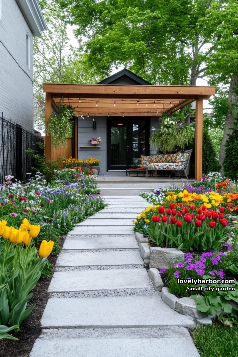 20 Small City Garden To Transform Your Space 13 small backyard with stone pathway, pergola entry, modern shed, and colorful flower beds. 1