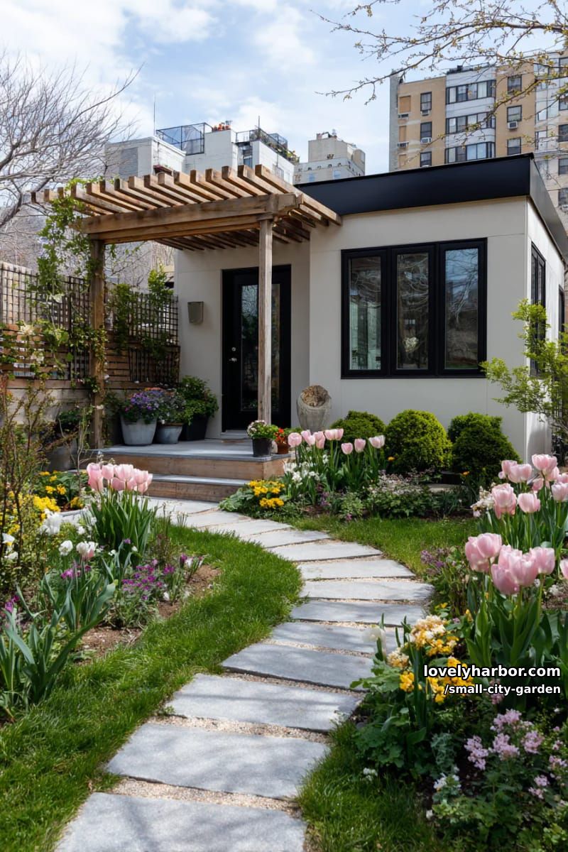 20 Small City Garden To Transform Your Space 14 small backyard with stone pathway, pergola entry, modern shed, and colorful flower beds. 1