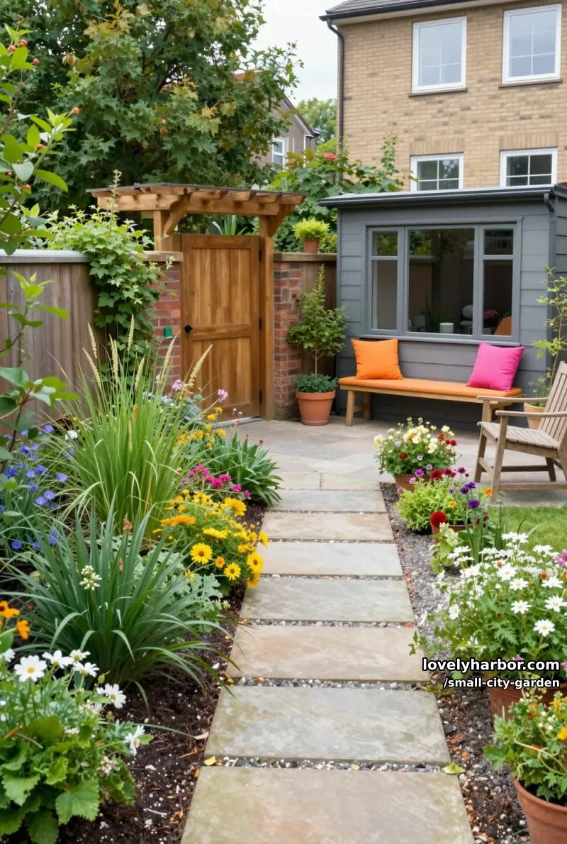 20 Small City Garden To Transform Your Space 14 small backyard with stone pathway, pergola entry, modern shed, and colorful flower beds. 1