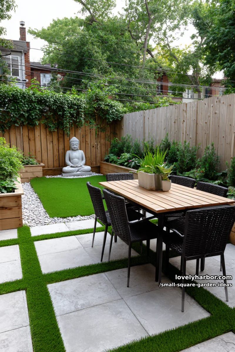 20 Small Square Garden Ideas To Help You Relax In Style 42 small backyard with stone tiles, artificial grass, buddha statue, and outdoor dining. 1