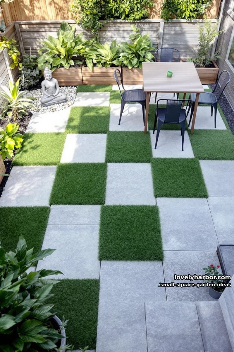 20 Small Square Garden Ideas To Help You Relax In Style 43 small backyard with stone tiles, artificial grass, buddha statue, and outdoor dining. 1