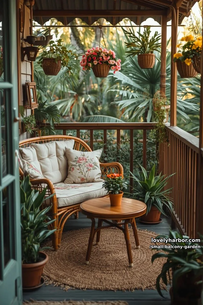small balcony with rattan loveseat, round table, hanging flower pots, and rug. 1