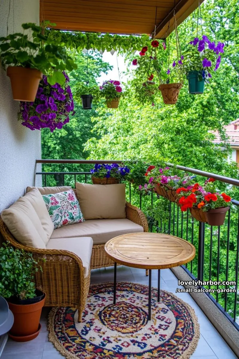 small balcony with rattan loveseat, round table, hanging flower pots, and rug. 1