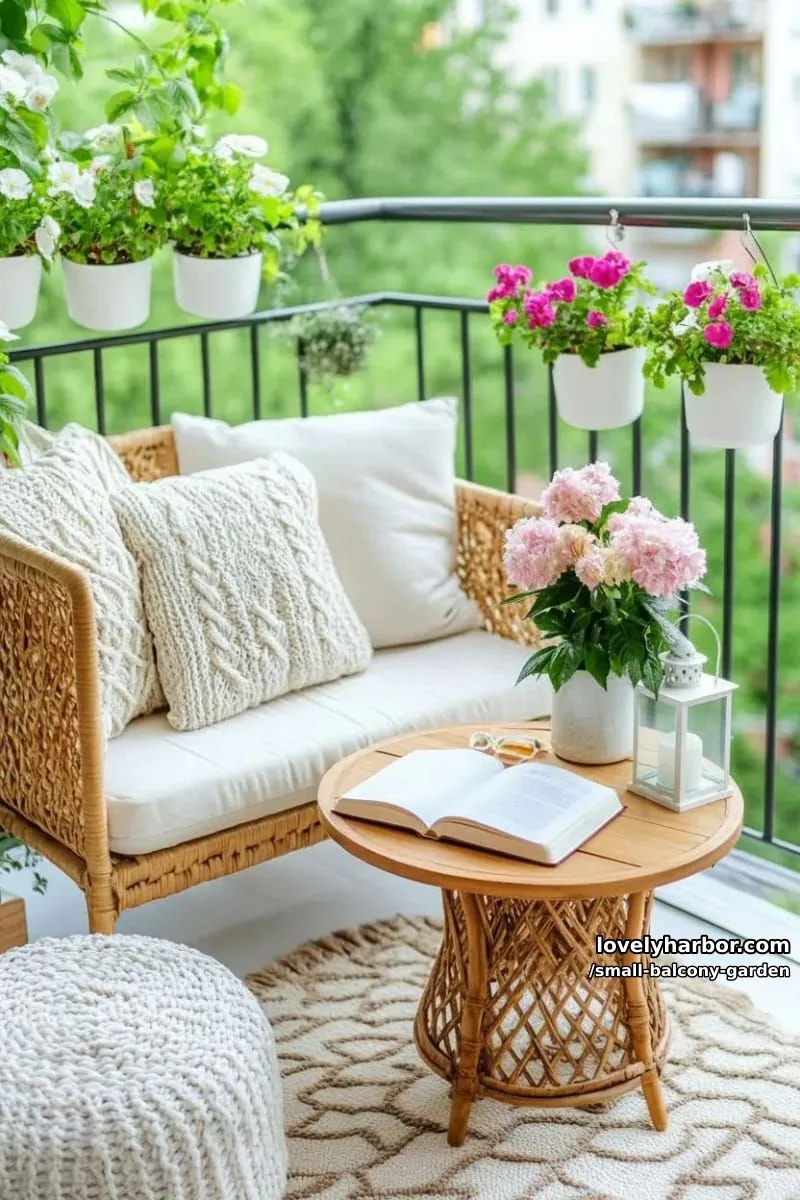 small balcony with rattan loveseat, round table, hanging flower pots, and rug. 1