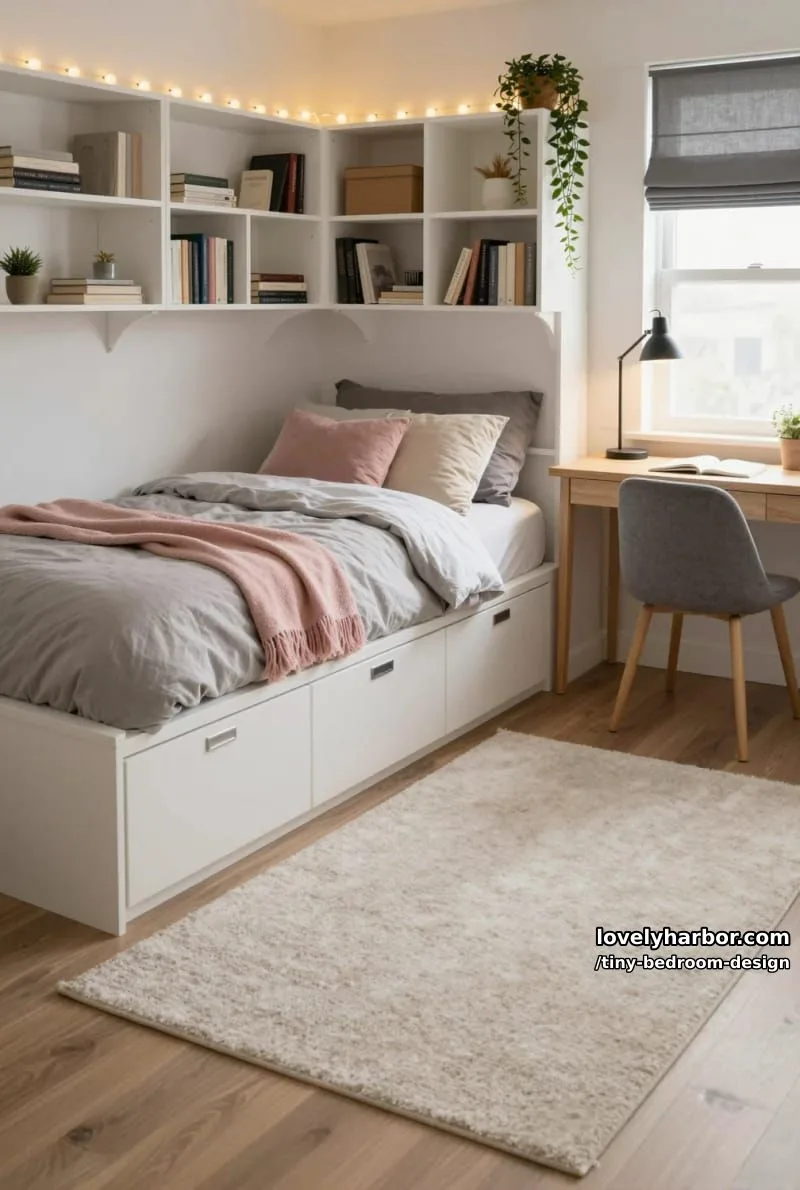 small bedroom with built-in bed storage, shelving, and cozy study nook. 1
