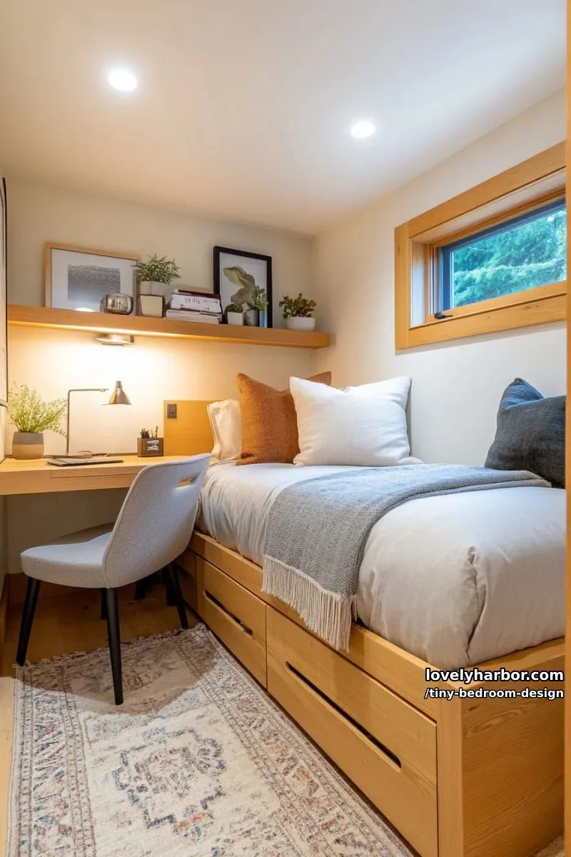 small bedroom with built-in bed storage, shelving, and cozy study nook. 1