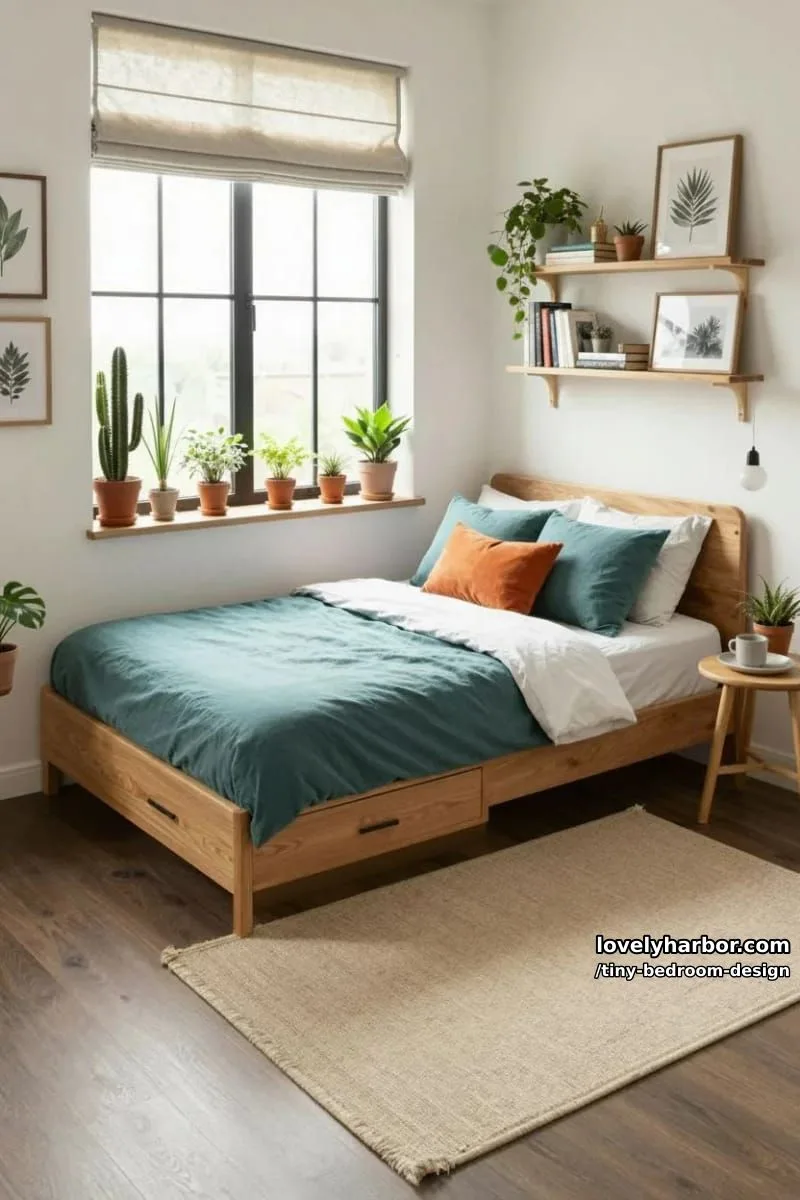 small bedroom with teal bedding, potted plants, and floating bookshelf. 1