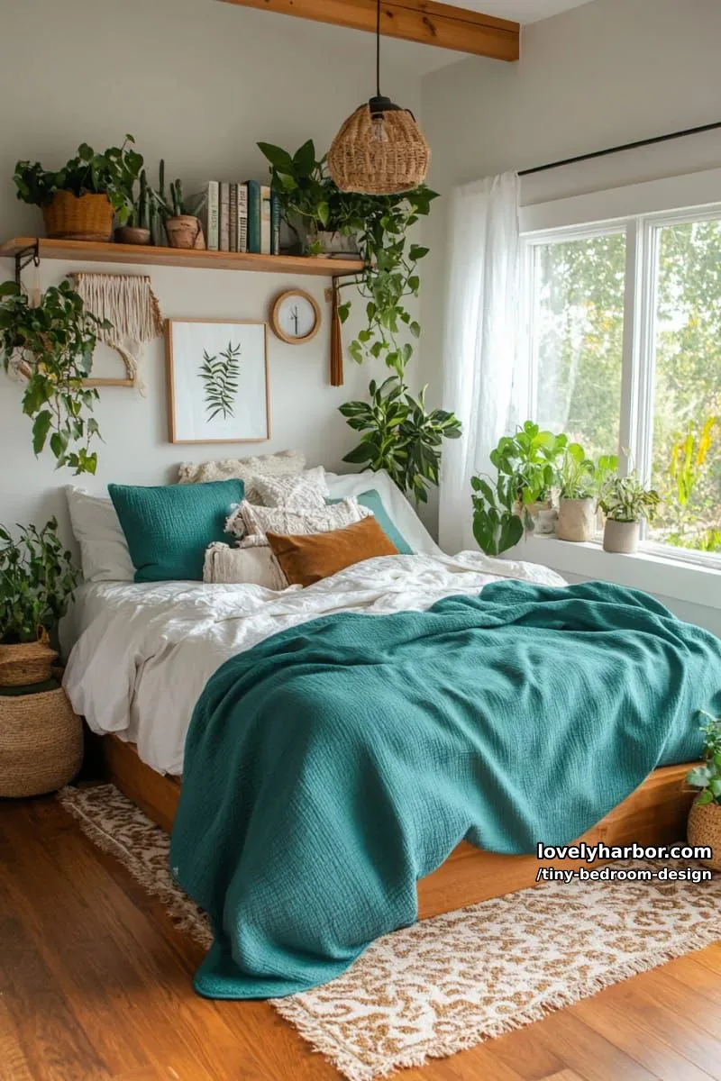 small bedroom with teal bedding, potted plants, and floating bookshelf. 1