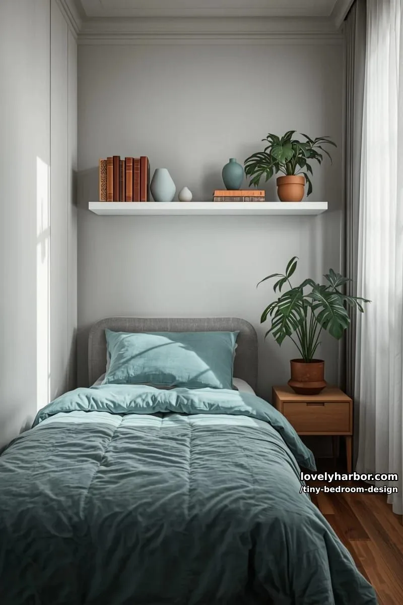 small bedroom with teal bedding, potted plants, and floating bookshelf. 1