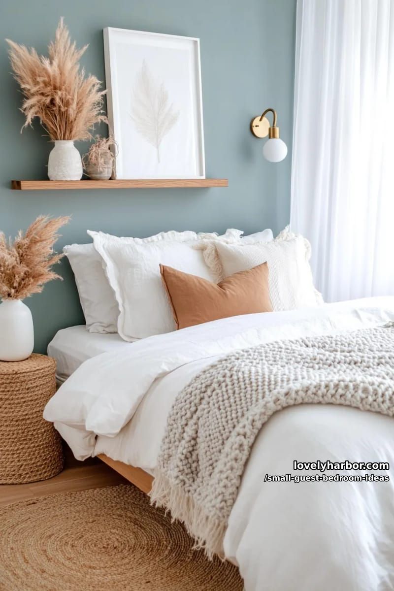 small bedroom with white bedding, floating shelf, and muted blue walls. 1