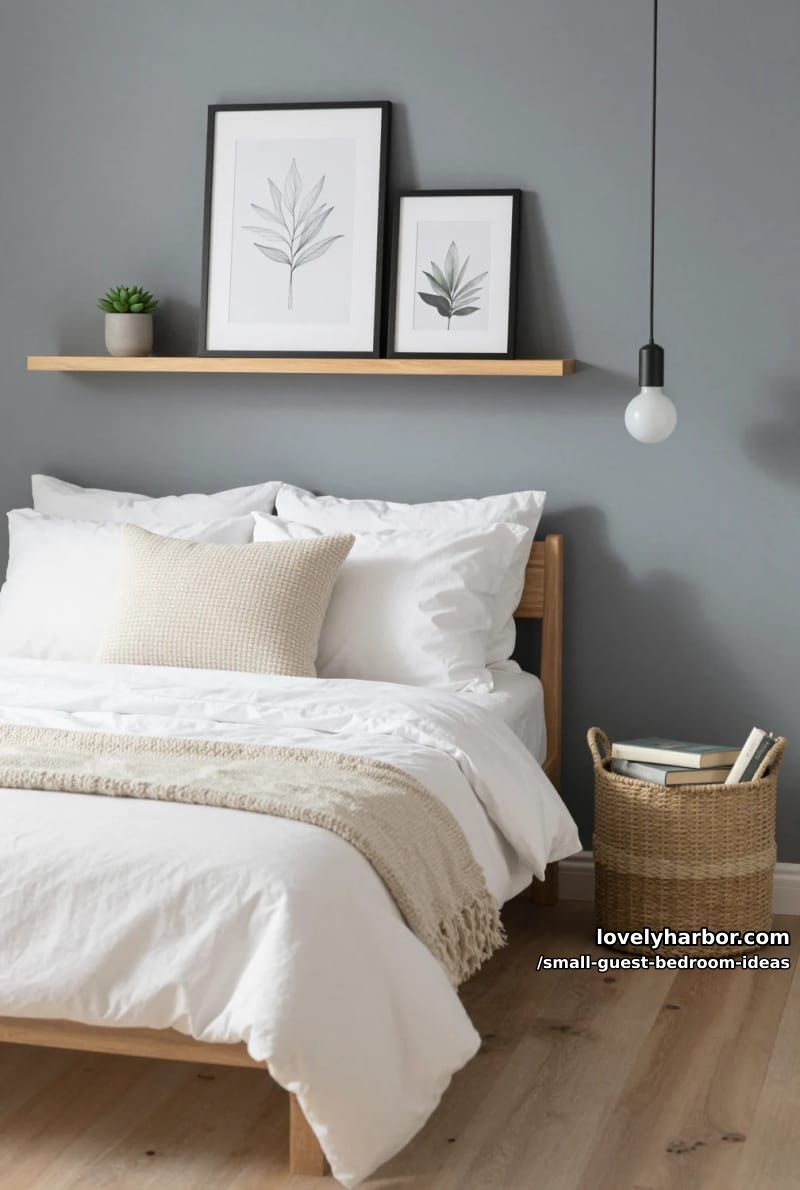 small bedroom with white bedding, floating shelf, and muted blue walls. 1