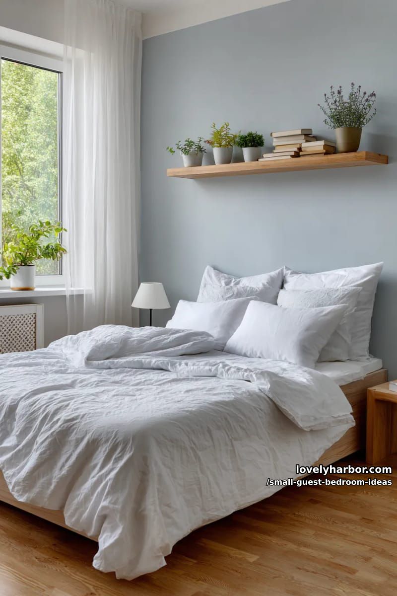 small bedroom with white bedding, floating shelf, and muted blue walls. 1