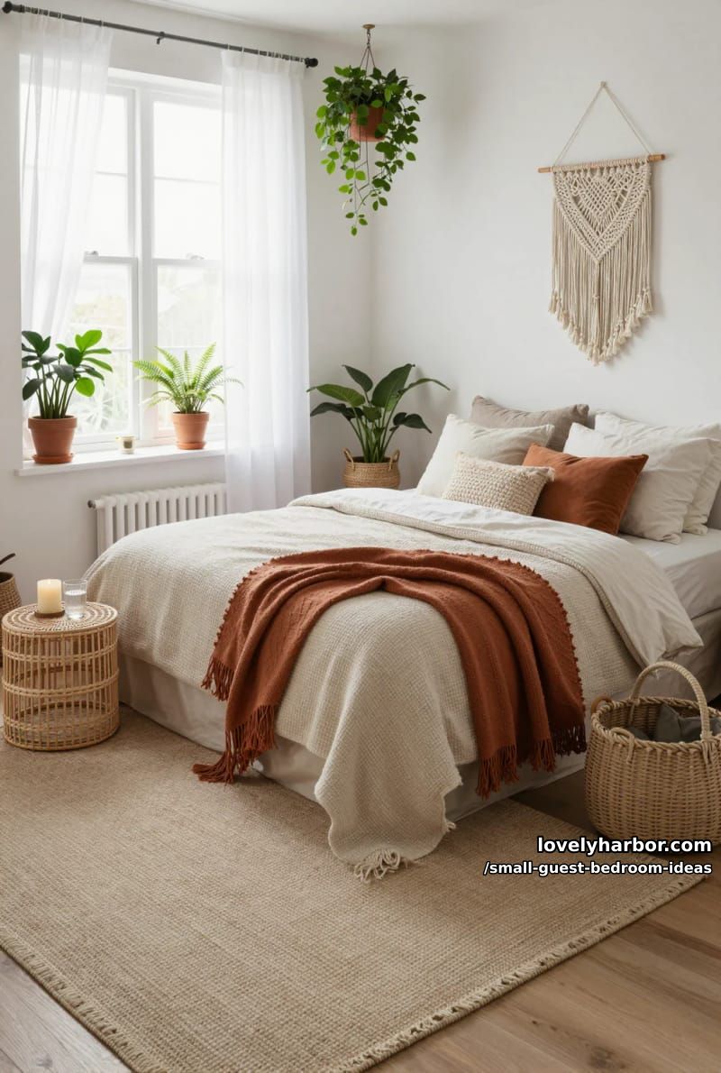 small bedroom with white walls, woven baskets, and boho potted plants. 1
