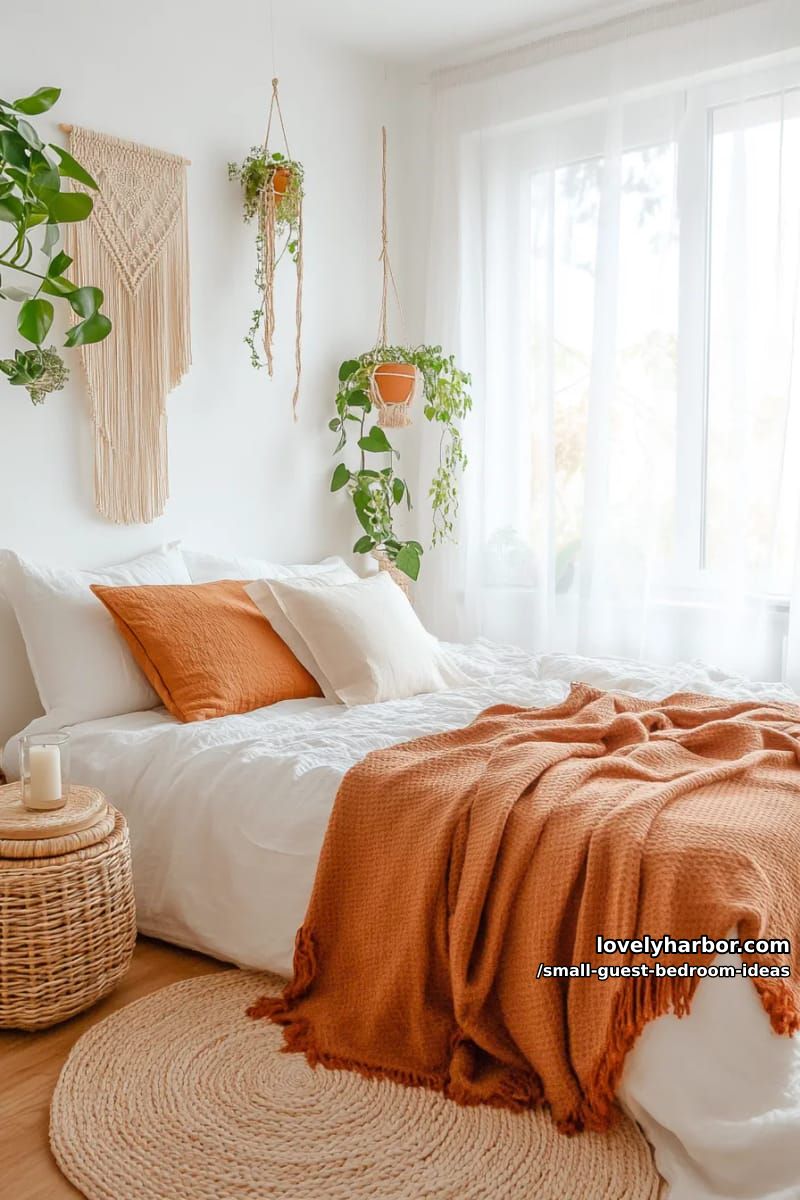 small bedroom with white walls, woven baskets, and boho potted plants. 1