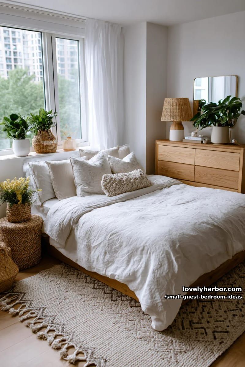 small bedroom with white walls, woven baskets, and boho potted plants. 1