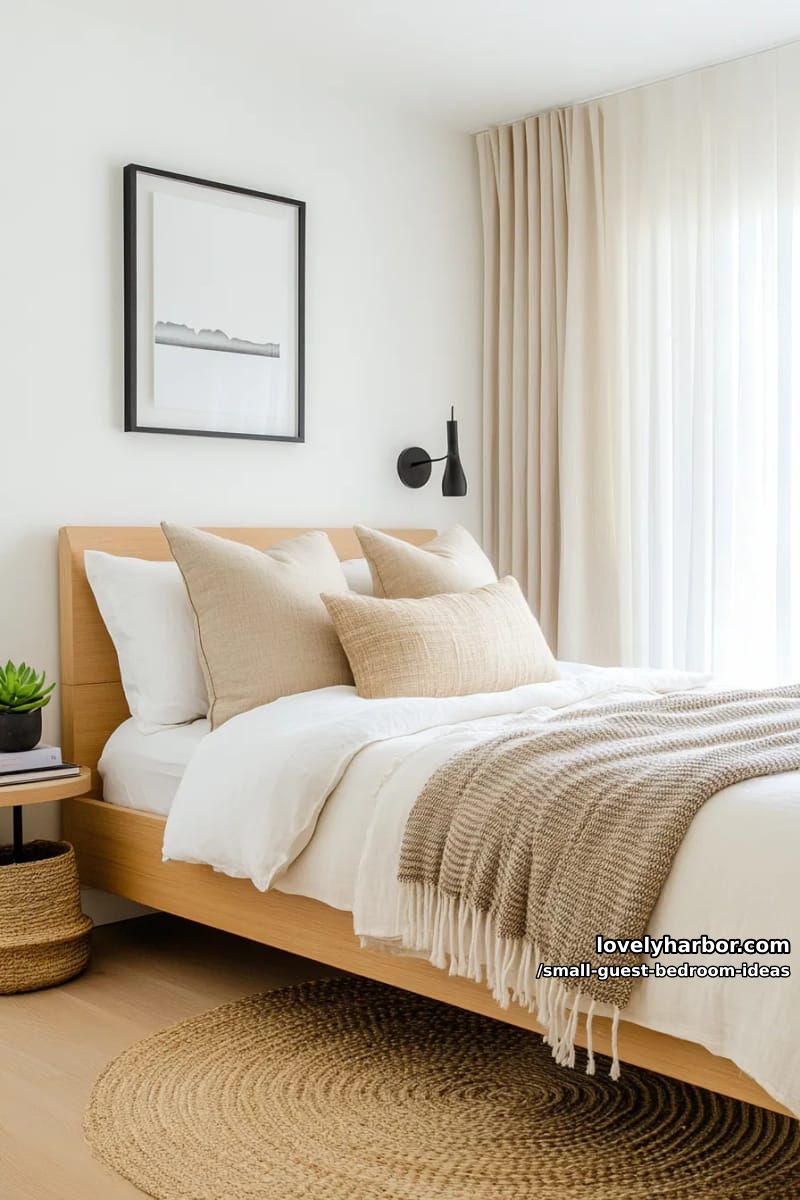 small bedroom with wooden headboard, layered bedding, and minimalist decor. 1
