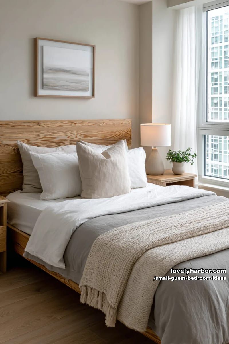 small bedroom with wooden headboard, layered bedding, and minimalist decor. 1