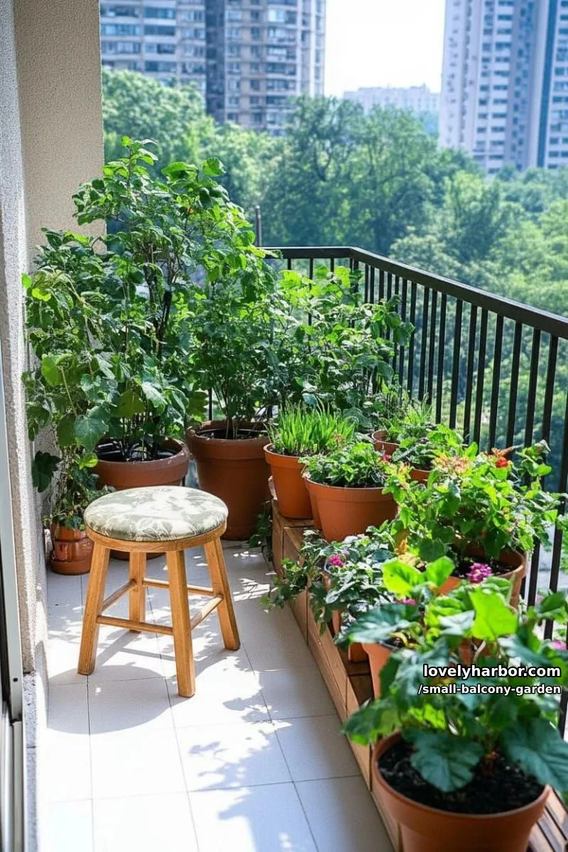 small city balcony with terracotta pots, wooden planters, and lush greenery. 1