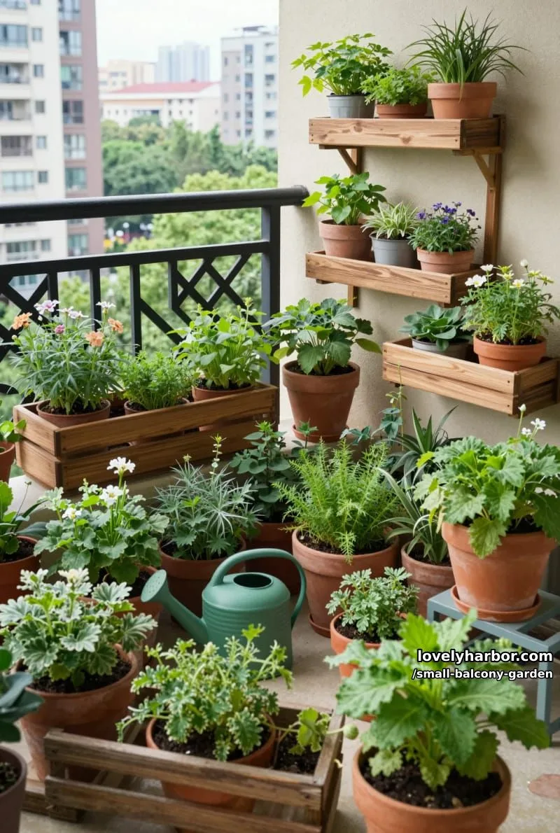 small city balcony with terracotta pots, wooden planters, and lush greenery. 1