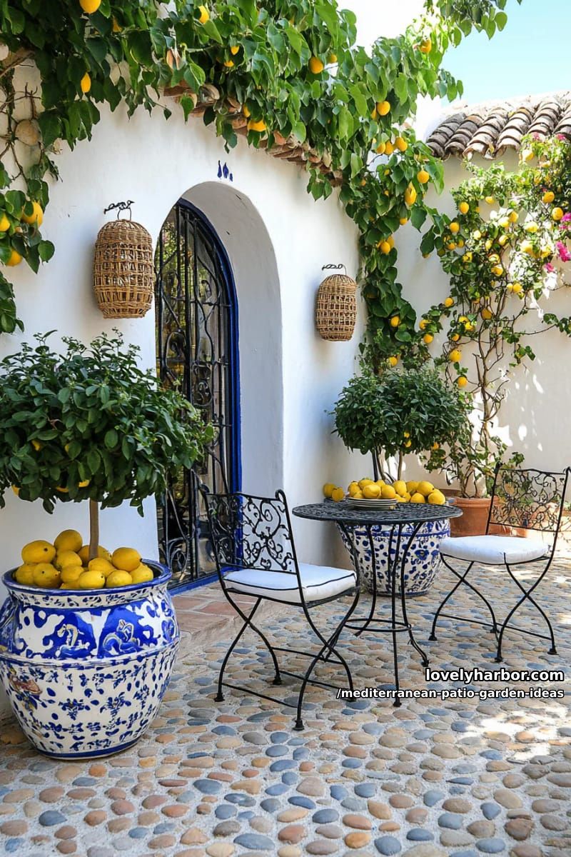 small courtyard with lemon trees in oversized painted terracotta pots 1