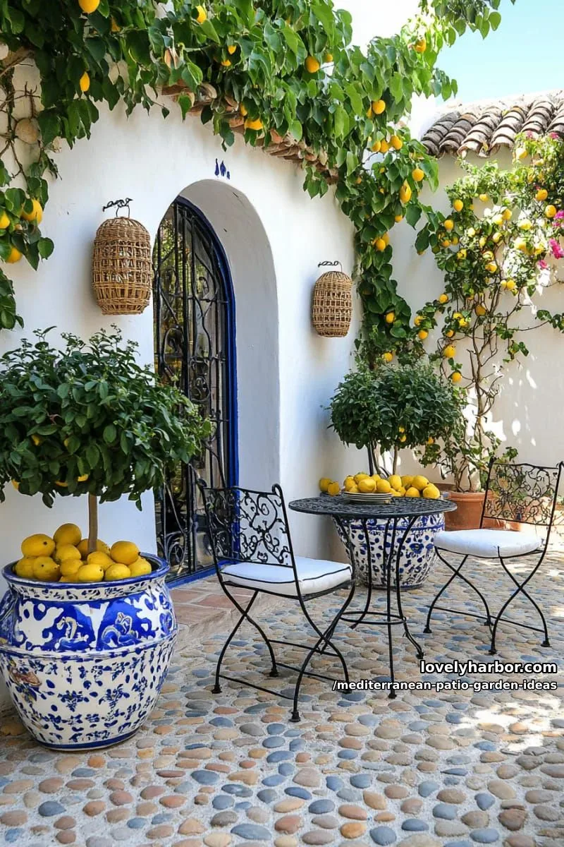 15 Mediterranean Patio Garden Ideas For A Dreamy Modern Homes 35 small courtyard with lemon trees in oversized painted terracotta pots 1