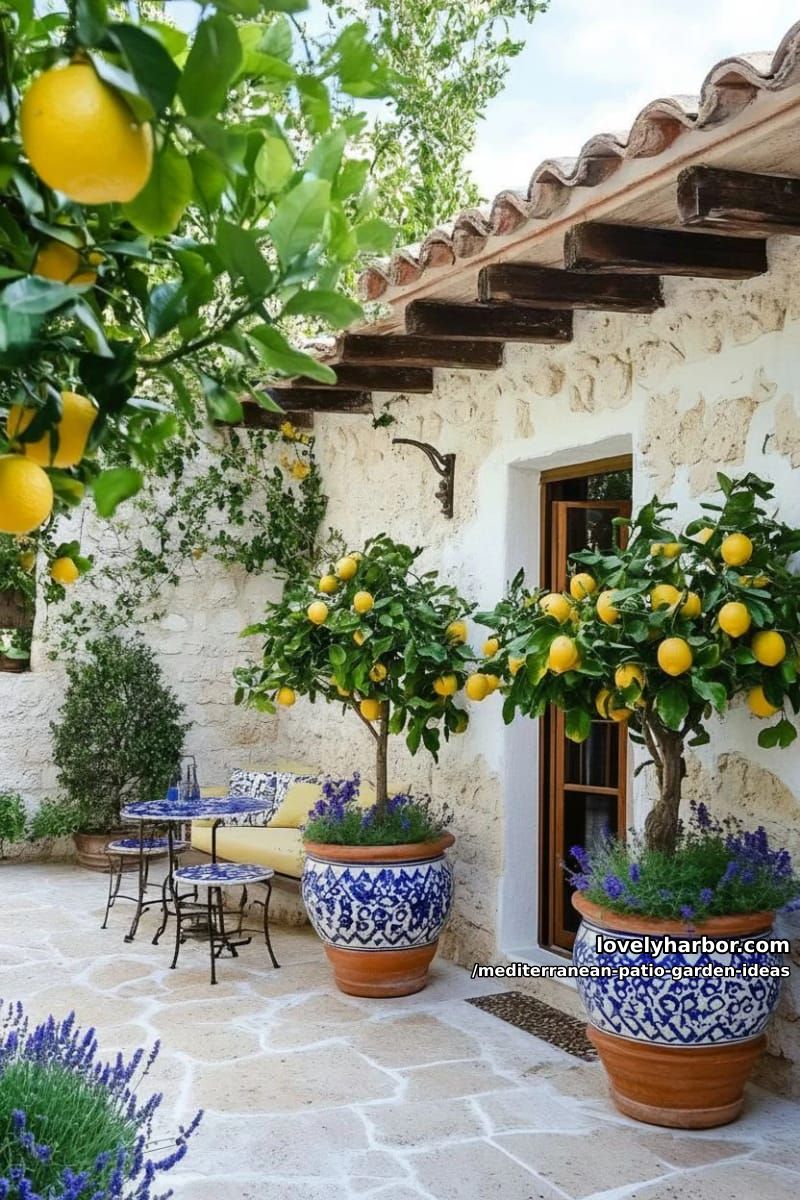 small courtyard with lemon trees in oversized painted terracotta pots 1
