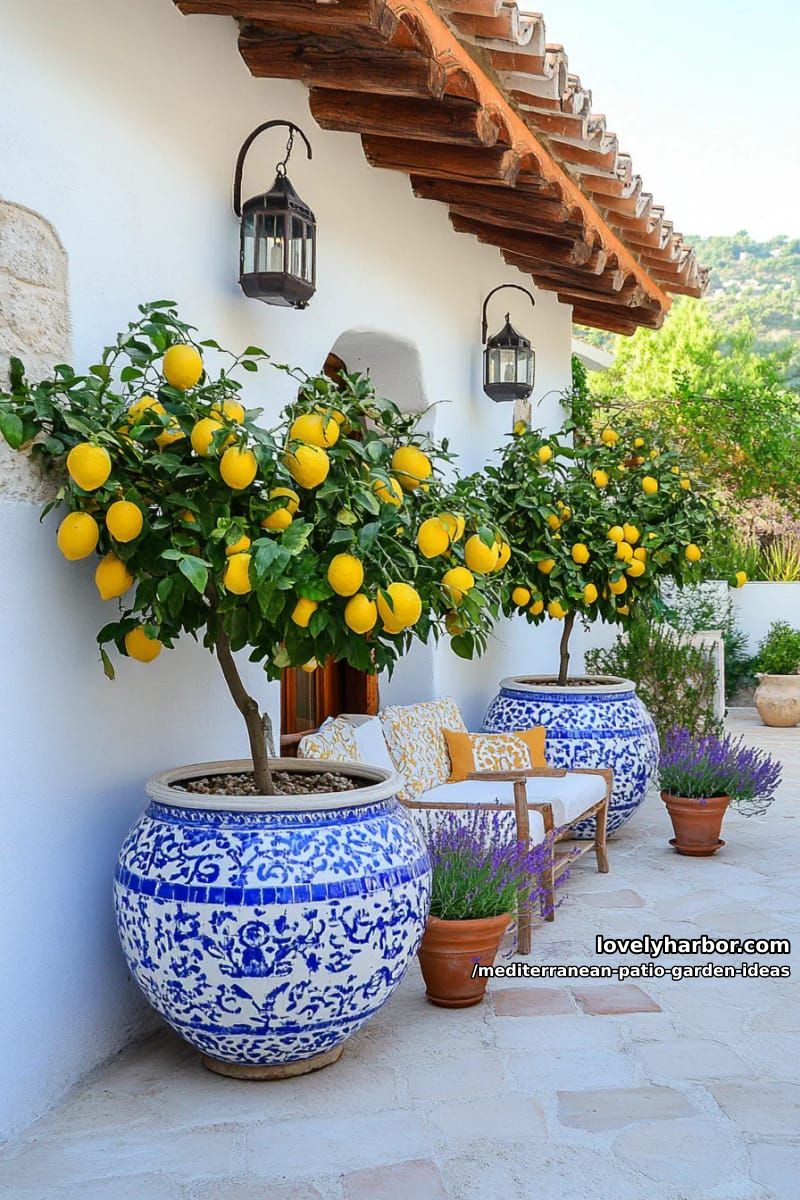small courtyard with lemon trees in oversized painted terracotta pots 1