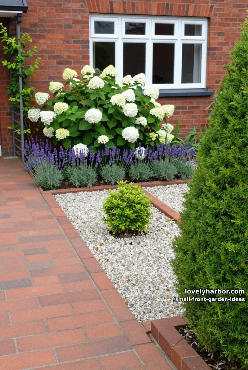 small front garden with gravel bed, hydrangeas, lavender, and brick pathway. 1