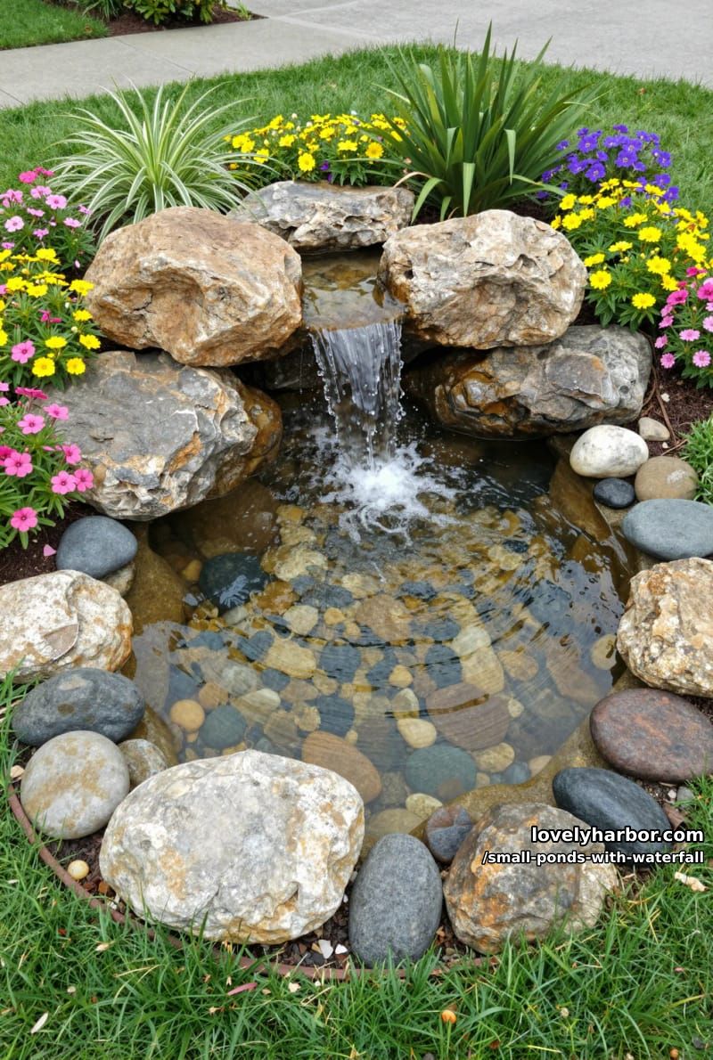 small garden pond with cascading waterfall and vibrant flowering plants. 1