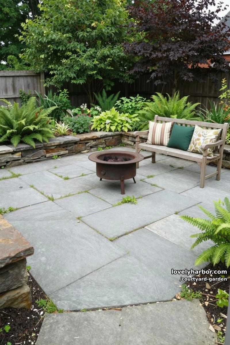 small garden with stone patio, metal fire pit, and mature trees 1