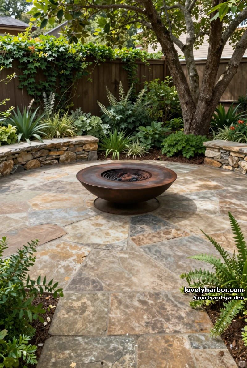 small garden with stone patio, metal fire pit, and mature trees 1