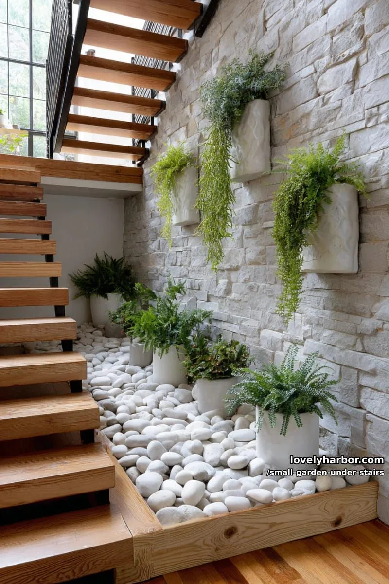 small indoor garden with white stones, wooden frame, and vertical planters. 1