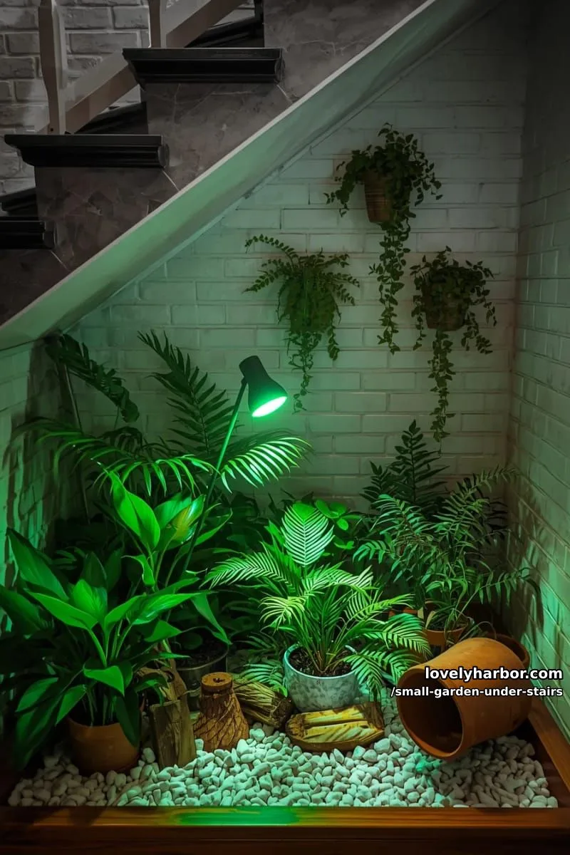 small indoor garden with white stones, wooden frame, and vertical planters. 1