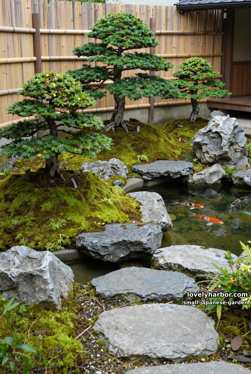 20 Small Japanese Garden Designs That Feel Like A Zen Retreat 21 small japanese garden with bonsai trees, moss, koi pond, and stepping stones 1