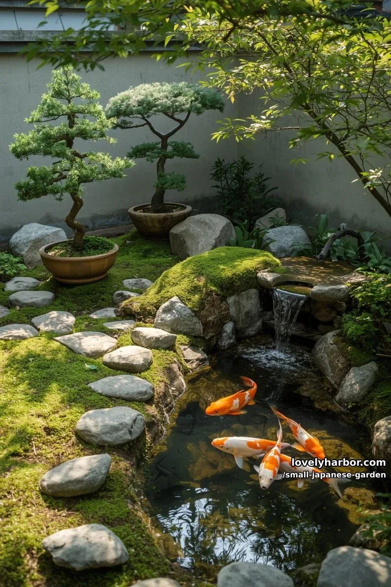 20 Small Japanese Garden Designs That Feel Like A Zen Retreat 22 small japanese garden with bonsai trees, moss, koi pond, and stepping stones 1