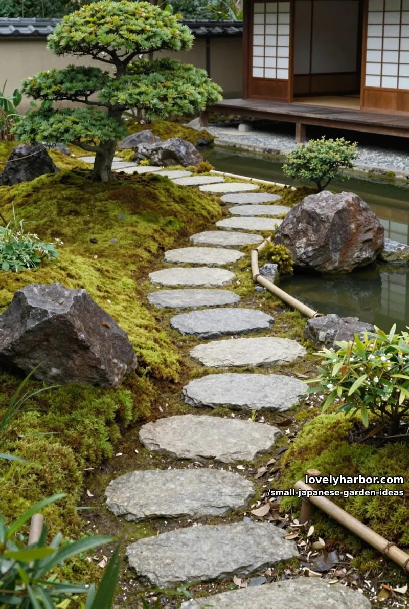 small japanese garden with pruned trees, moss, stepping stones, and wooden decks. 1