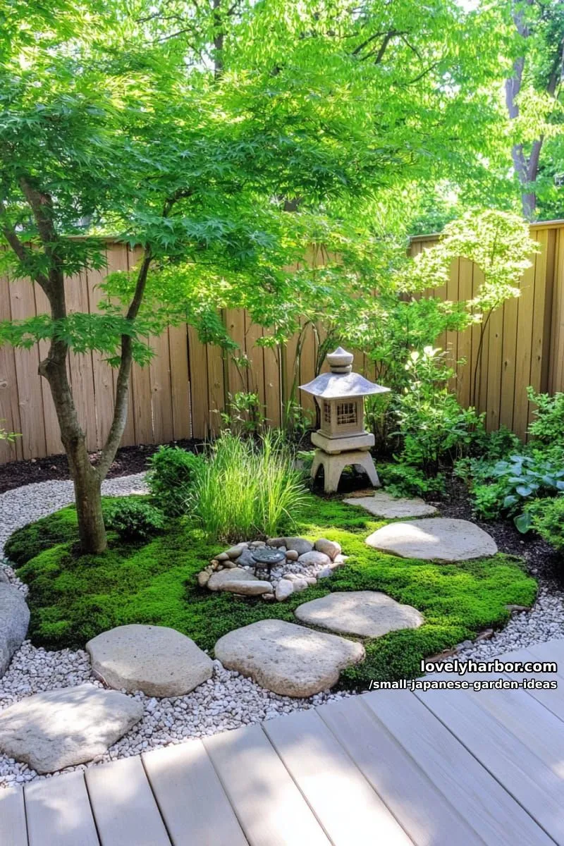 small japanese garden with pruned trees, moss, stepping stones, and wooden decks. 1