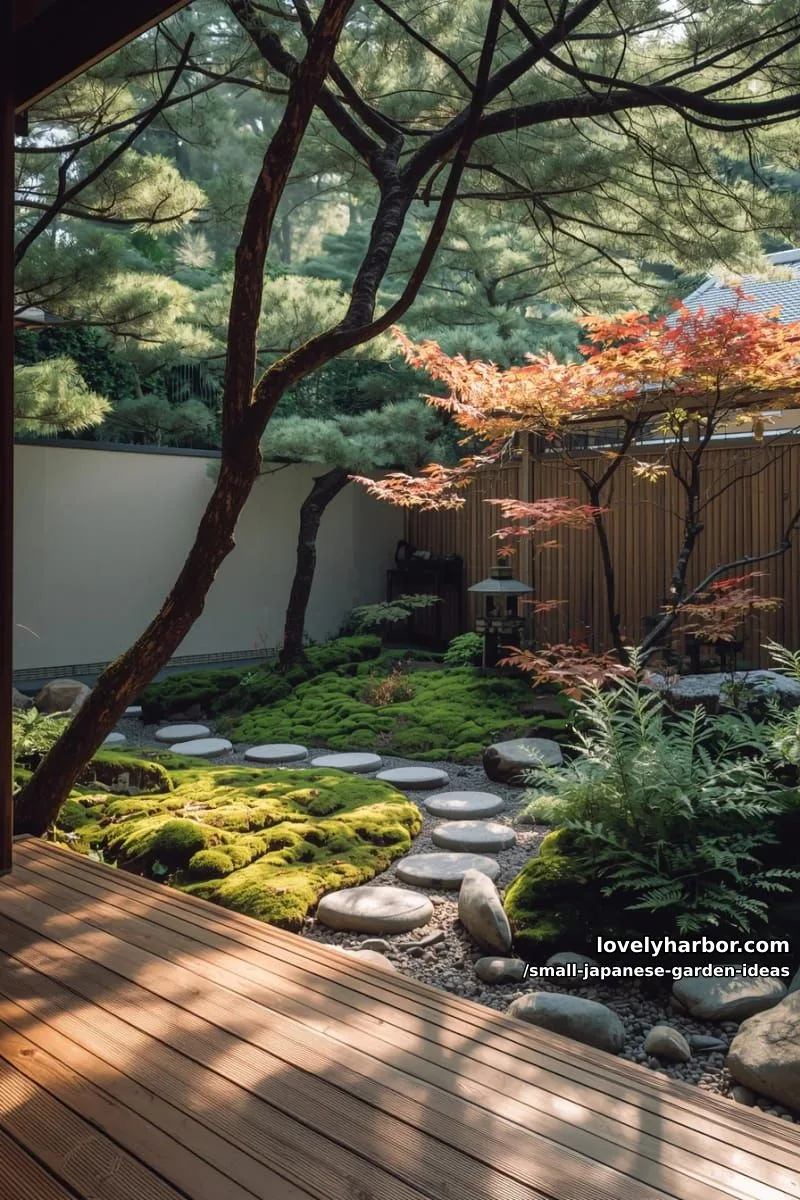 small japanese garden with pruned trees, moss, stepping stones, and wooden decks. 1