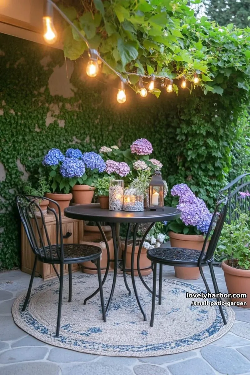 small patio with round metal table, terracotta pots, hydrangeas, and string lights. 1