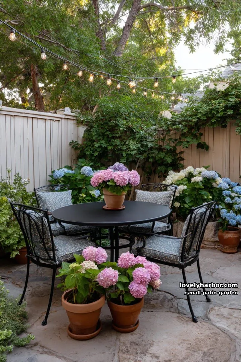 small patio with round metal table, terracotta pots, hydrangeas, and string lights. 1
