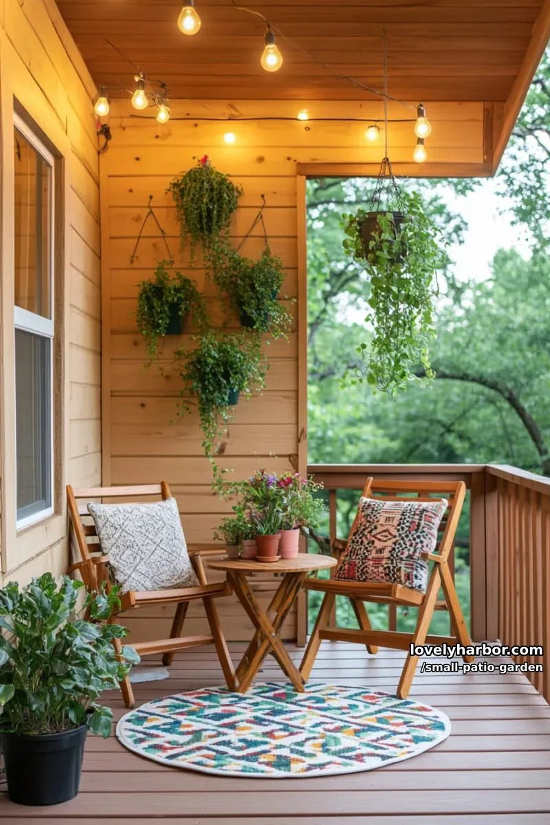 small porch, wooden deck, folding chairs, potted plants, and string lights. 1