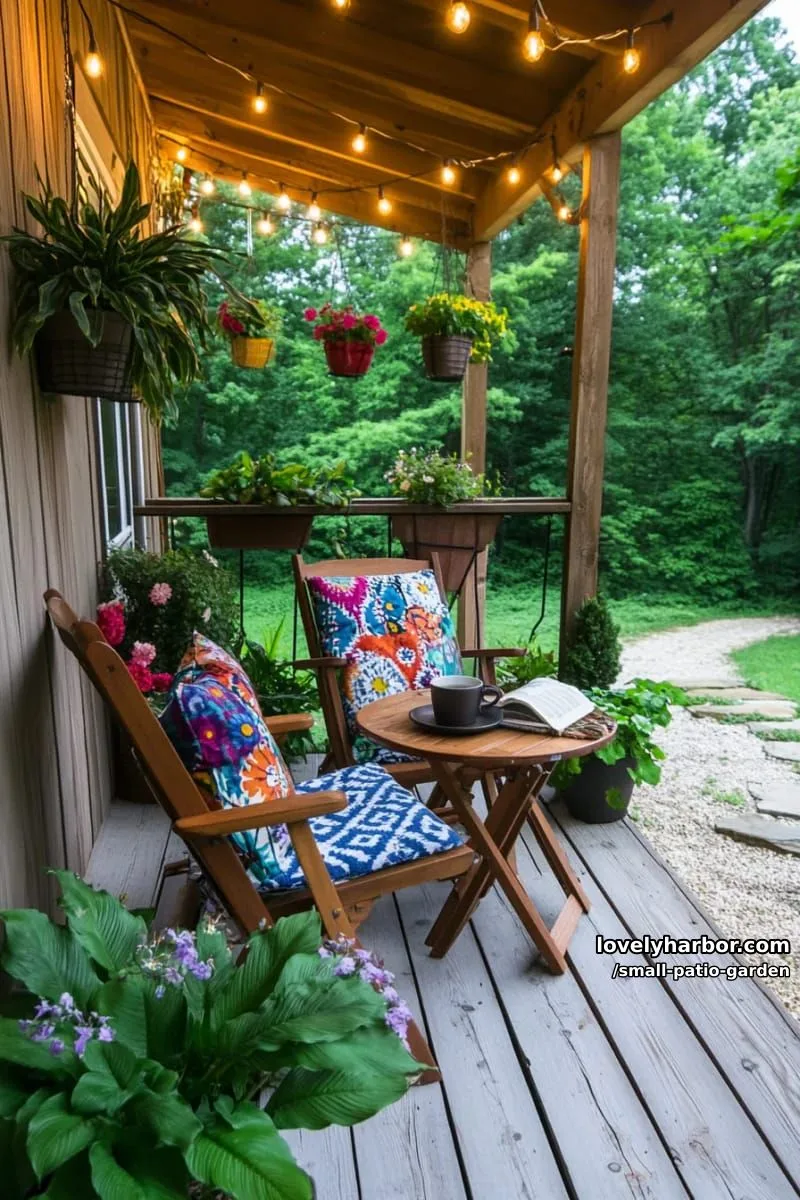 small porch, wooden deck, folding chairs, potted plants, and string lights. 1