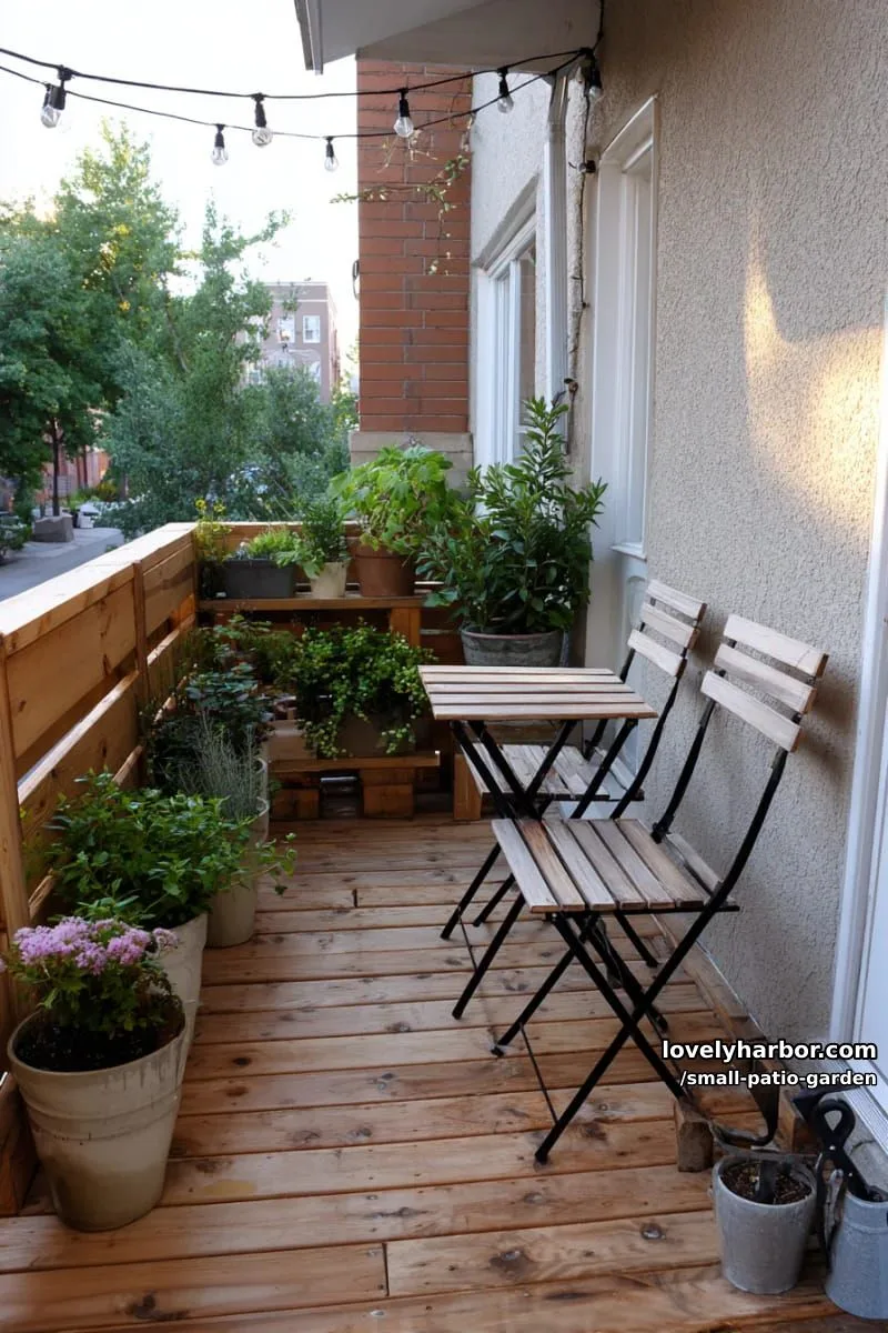 small porch, wooden deck, folding chairs, potted plants, and string lights. 1